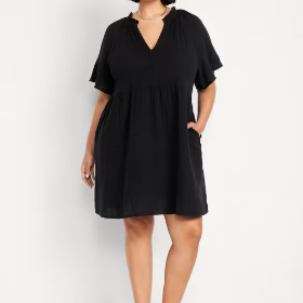 NWT Split-Neck Crinkle Gauze Mini Swing Dress - Black XL